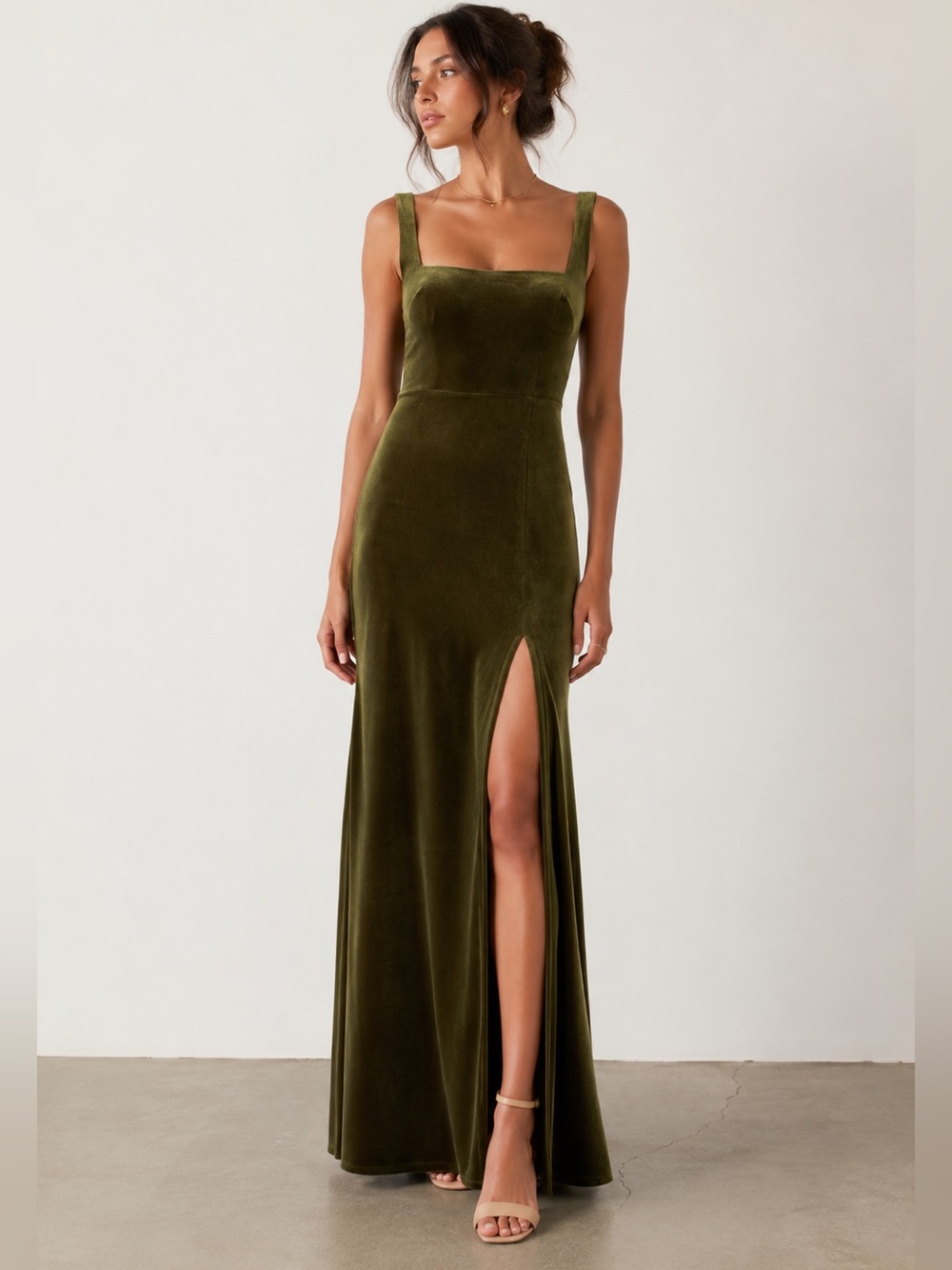 Jenny Yoo Mara Olive Velvet Maxi Dress Slit Bridesmaid Gown 12